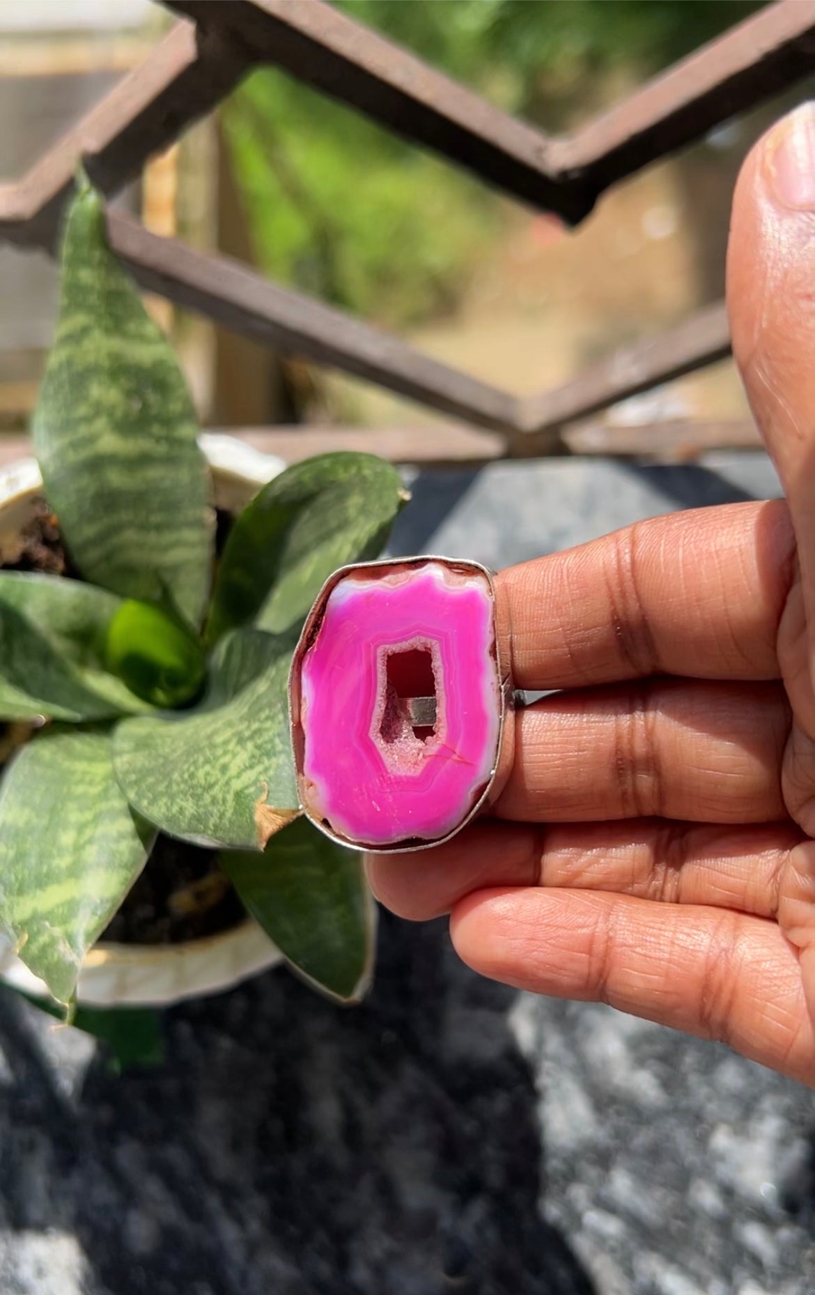 Pink natural stone ring